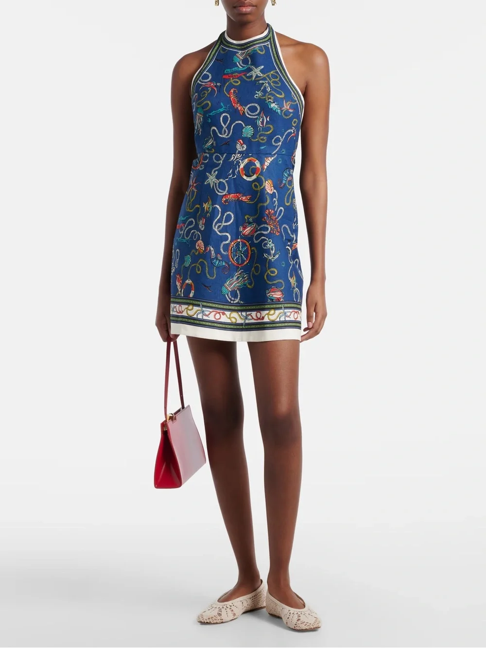 Alemais Blue Nautical Halter Mini Dress with Multicolor Marine Print